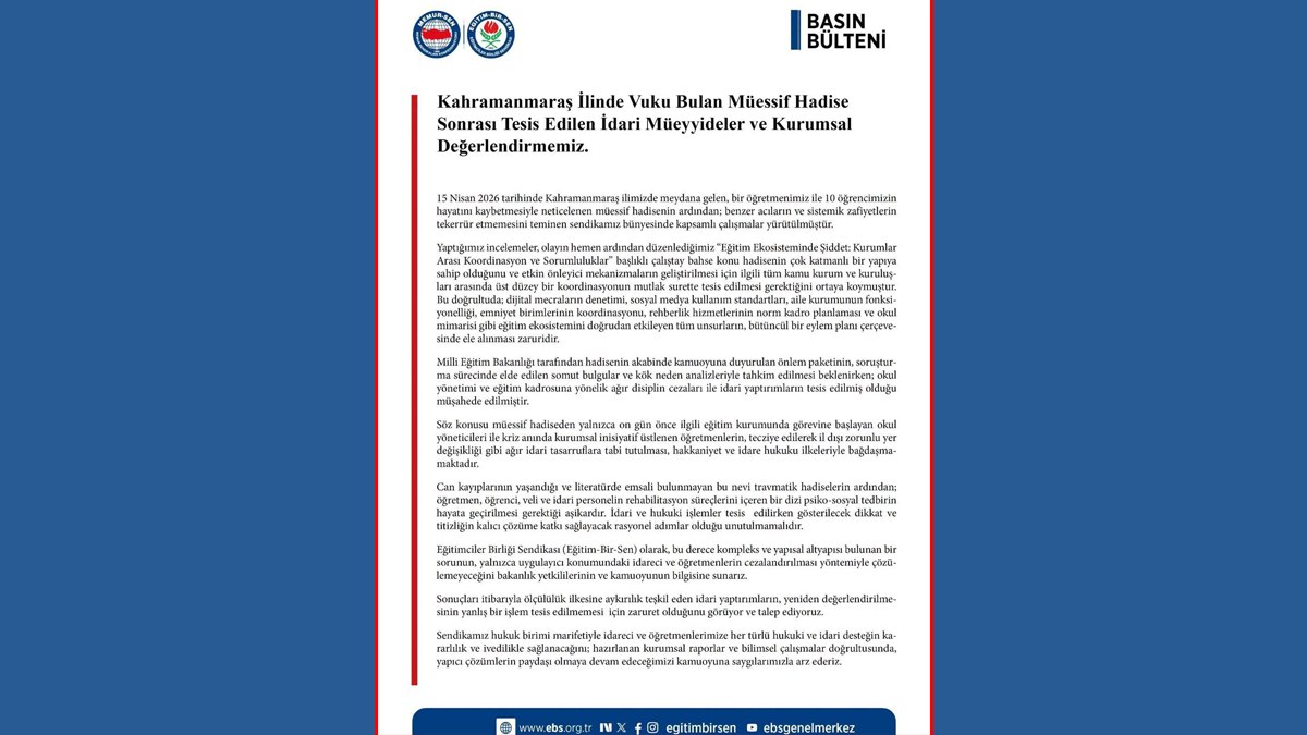 Kahramanmaraş İlinde Vuku Bulan Müessif Hadise Sonrası Tesis Edilen İdari Müeyyideler ve Kurumsal Değerlendirmemiz
